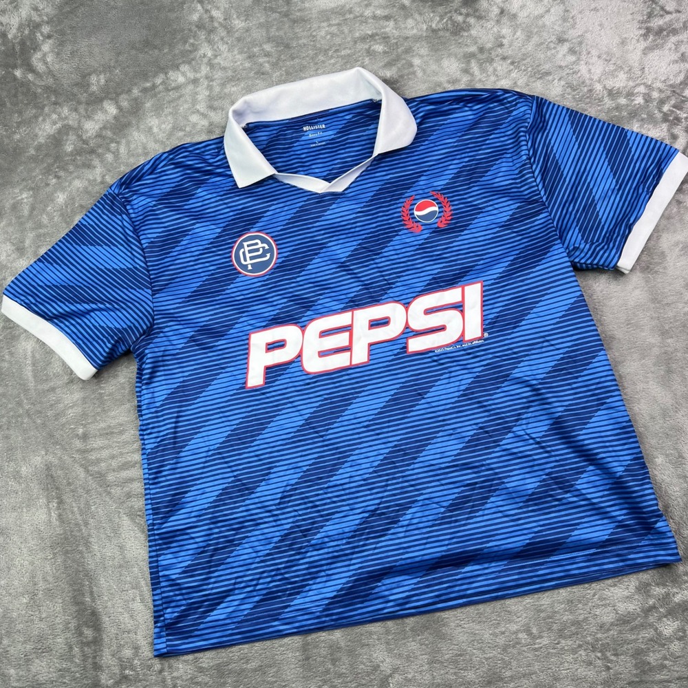 Hollister Pepsi Jersey Shirt Mens L Blue Striped Boxy Fit Short Sleeve #98